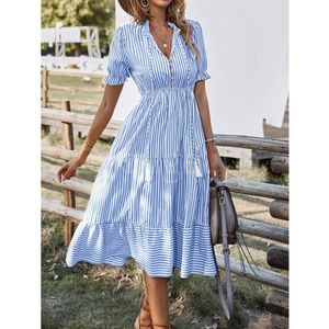 Striped Blue White V-Neck Midi Dress Babydoll Fit & Flared Tassel Ties